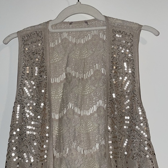 Chico's Bohemian Cream Beaded Lace Vest With Gold Bugle Beads & Sequins - Picture 2 of 5